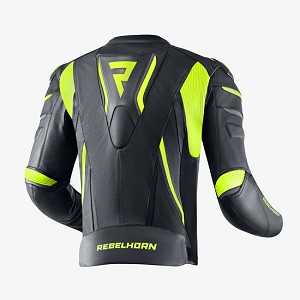 CHAQUETA REBELHORN DE CUERO FIGHTER NEGRA Y AMARILLO FLUO